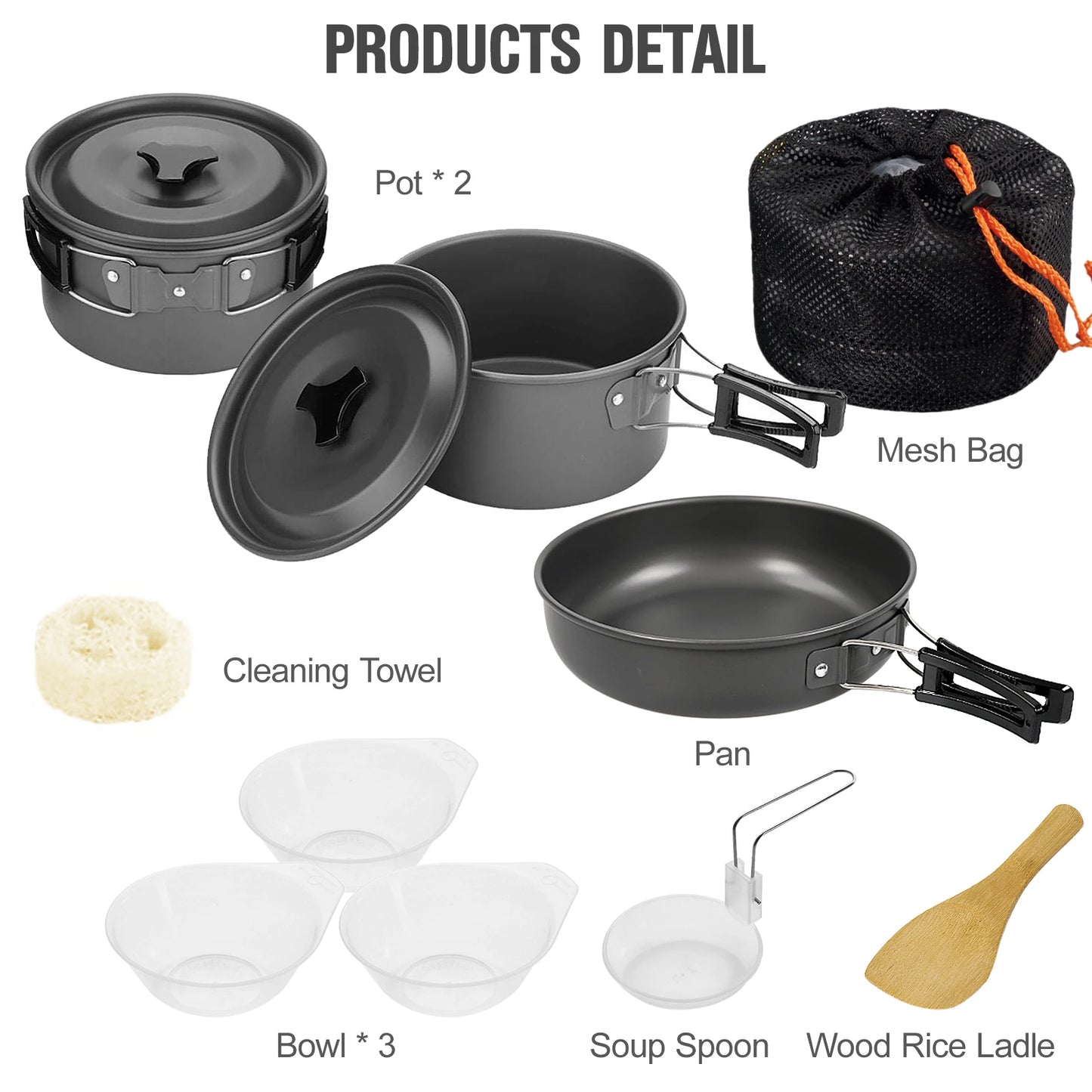 Camping Cookware Set Pot Frying Pan Non-stick Lightweight Stackable Storage Bag Suitable for 2-3 Person Outdoor Utensils