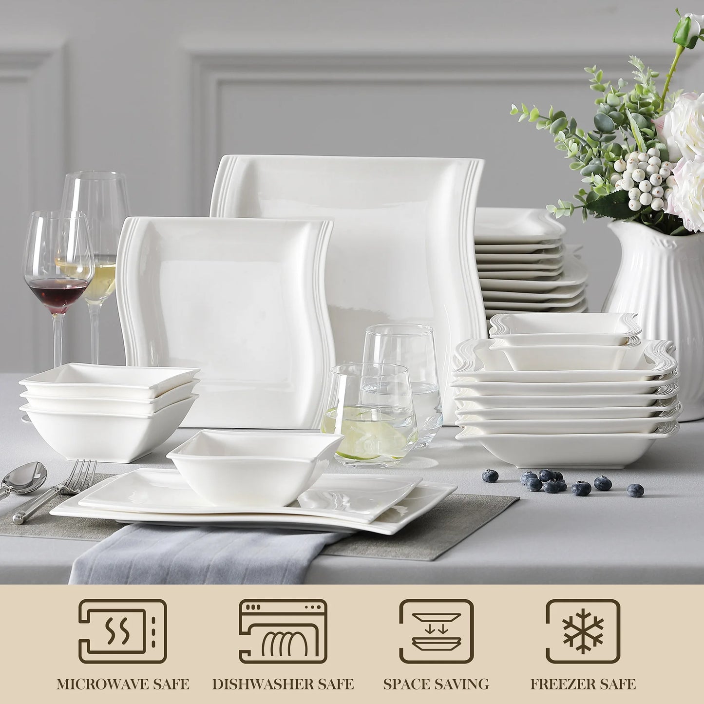 MALACASA 26-Piece Ceramic Porcelain Dinner Set with Bowls Dessert Soup Dinner Plates Rectangular Plates Set Service for 6 Person