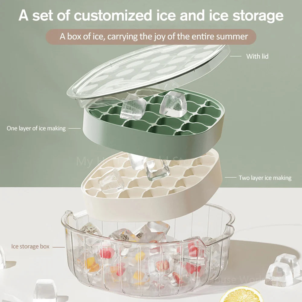 Silicone Ice Cube Tray Mould With Lid Press-Type Double Layer Ice Cube Molds Ice Maker Kitchen Household Tools Ice Storage Box