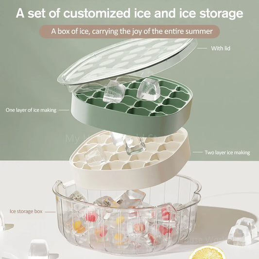 Silicone Ice Cube Tray Mould With Lid Press-Type Double Layer Ice Cube Molds Ice Maker Kitchen Household Tools Ice Storage Box
