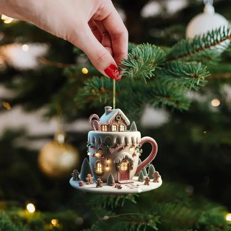 Christmas Coffee Cup Ornaments Christmas Snow Houses Chocolate Mug Pendant 8cm/3.14inch Christmas tree pendant decoration