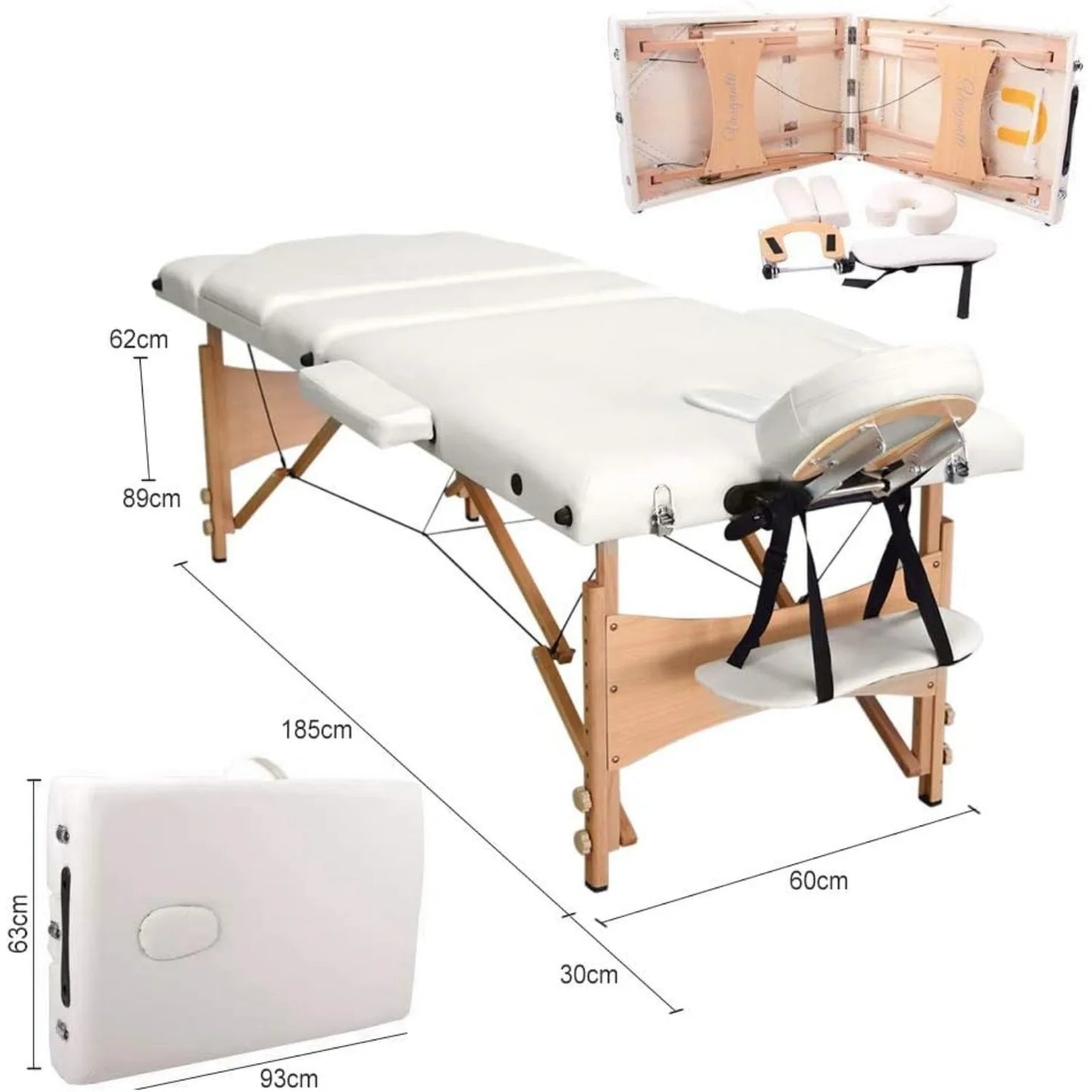 Portable Massage Bed Table - 3-Section Foldable Beauty Couch for Reiki Therapy Treatment Salon Healing - Metal Headrest Support