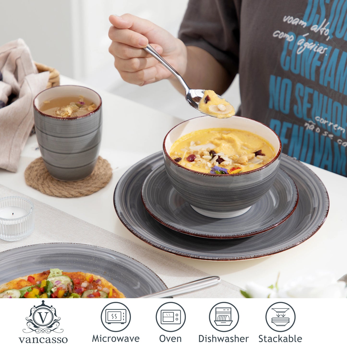 vancasso 16/32/48-Pieces Porcelain Dinner Set Grey Vintage Ceramic Tableware Set with Dinner Plate,Dessert Plate,Bowl,Mug