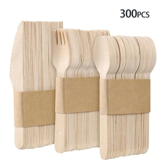 300 Pcs Disposable Wooden Cutlery Set Includes Forks, Spoons, For Party, Outdoor Picnic, Family & Friends Gathering, Ice Cream