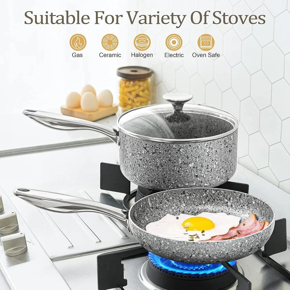 10 Piece Non Stick Cookware Set Stone Derived Coating Pots and Pans Ultra Durable Scratch Resistant Induction Compatible