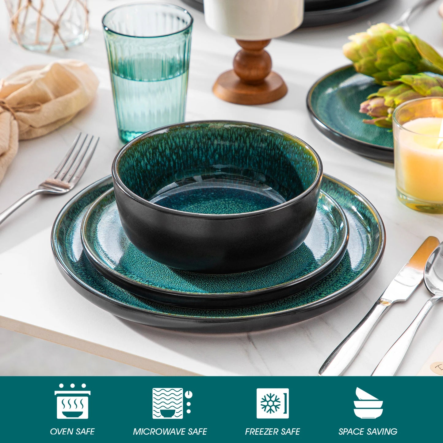 vancasso 18/36 Piece Green Reactive glaze Dinnerware Set Oven Safe Stoneware Set with 6PCS Dinner Plate/Dessert Plate/Bowl