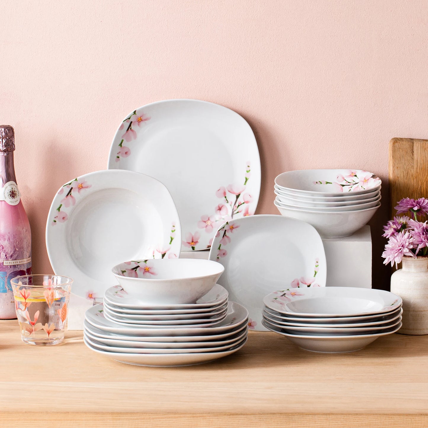VEWEET ANNIE 48-Piece Porcelain Ceramic Tableware Dinner Plate Set with Bowl,Dessert Plate,Soup Plate,Dinner Plate for 12 Person