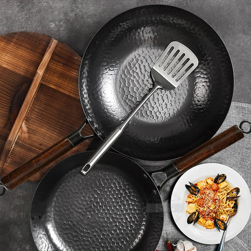 Non-coated Cast Iron Wok Non-stick Pan Smokeless Fried Pan Cook Pots Kitchen Cookware Chef Pan Cooking Tools