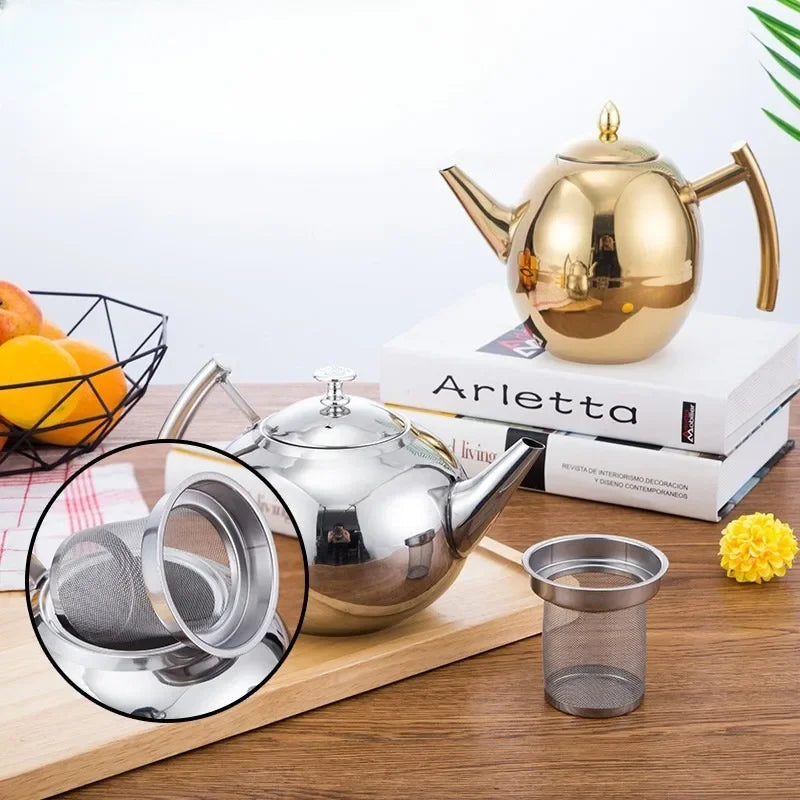 Thickened Stainless Steel 1-2L Teapot Flower Tea Kettle with Strainer Hotel Restaurant Restaurant Cook Teapot Induction Cooker