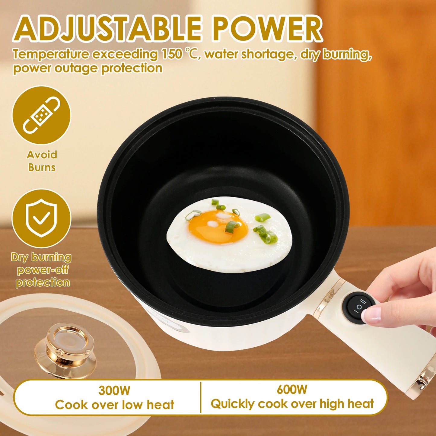 Electric Hot Pot with Steamer 1.6L Rapid Noodles Cooker Portable Non-Stick Electric Pot Multifunctional Mini Hot Pot with Adjust