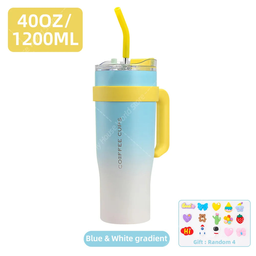 40oz Stainless Steel Thermos Bottle with Handle Straw Gradient Large-Capacity Coffee Cup Insulated Tumbler Bottle Thermal Mug