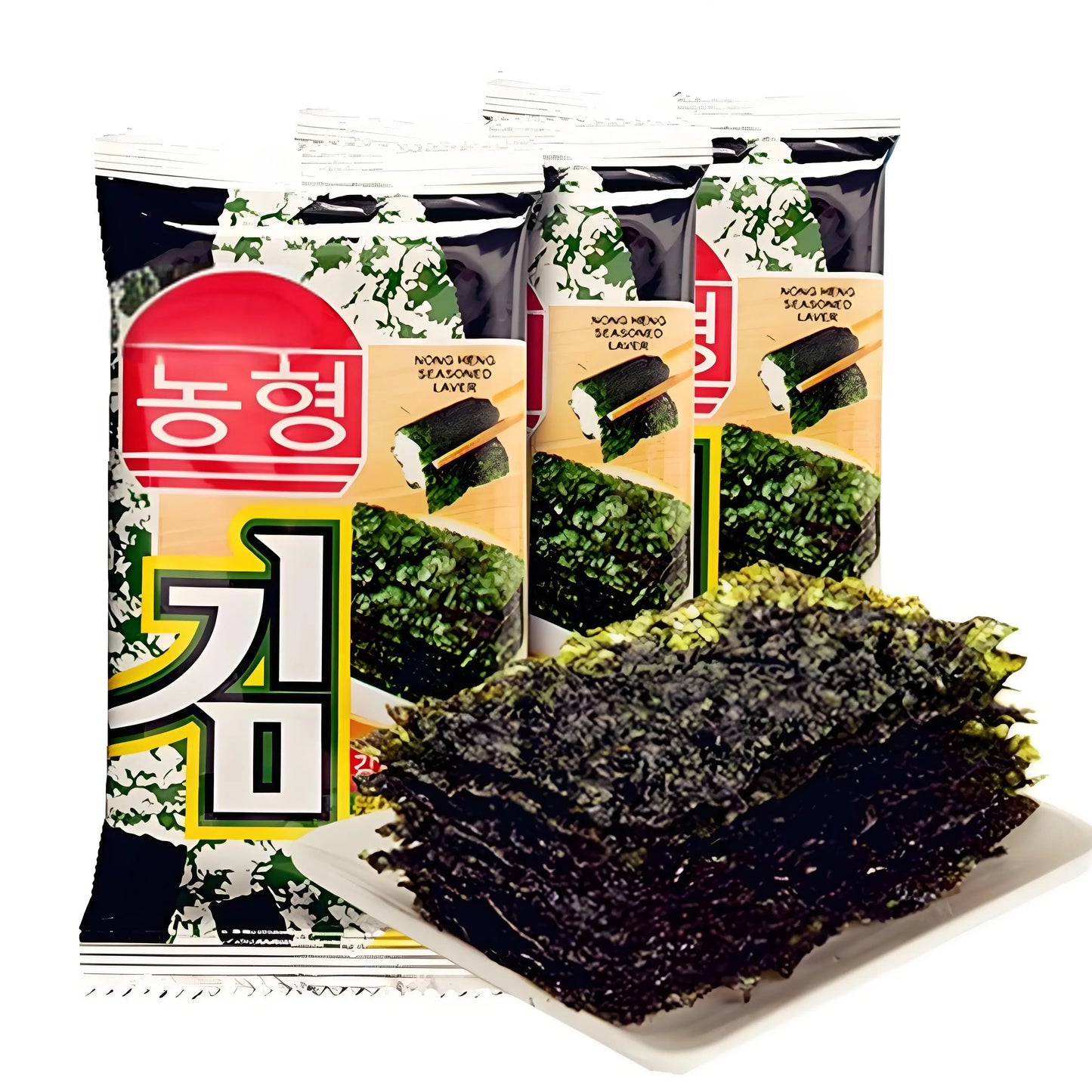 Nong Heng, Roasted Seaweed - Original Flavor, Pack of 3, 16g/bag (24 small packs in total)