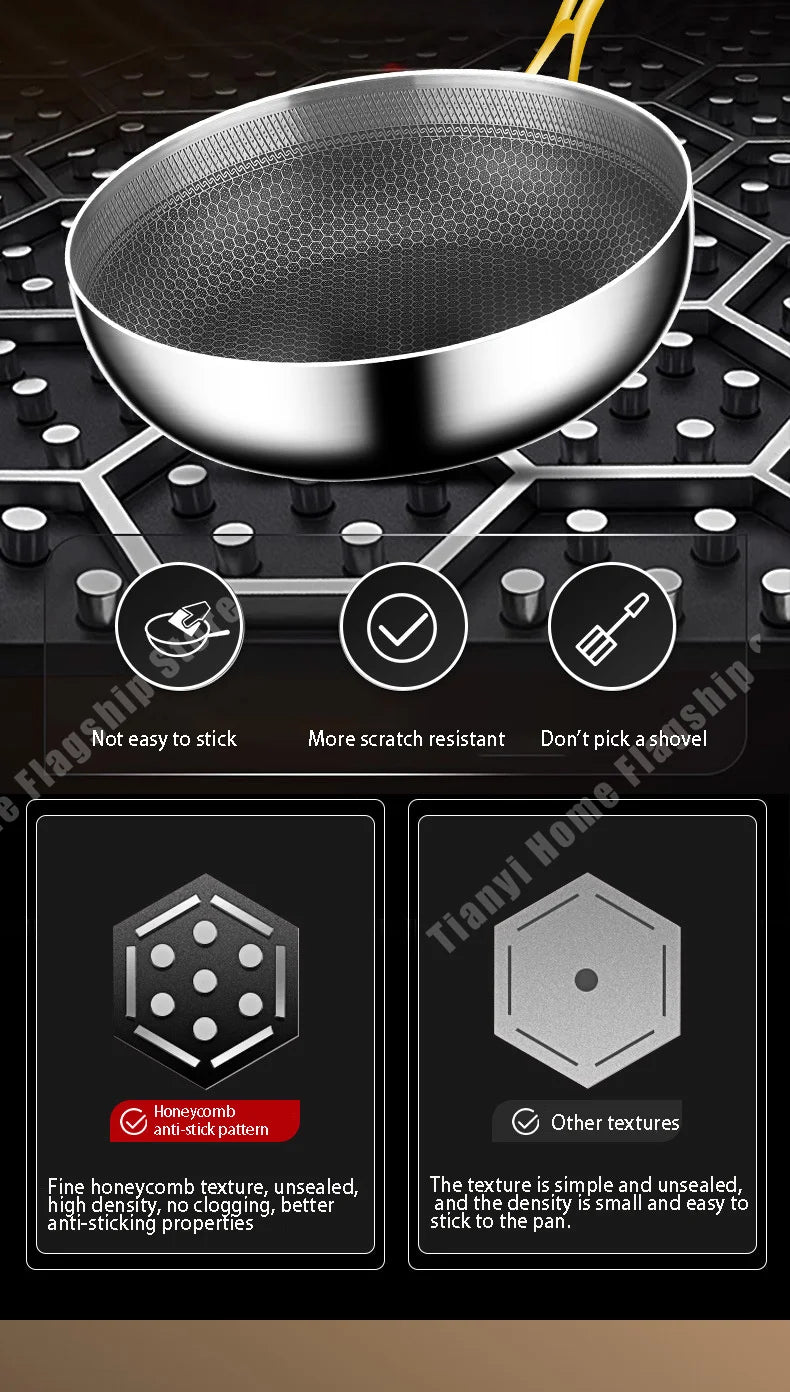 316 Stainless Steel Frying Pan Wok Non-stick Cooking Honeycomb Steak Gas Stove Pot Induction General Saucepan Kitchen Cookware
