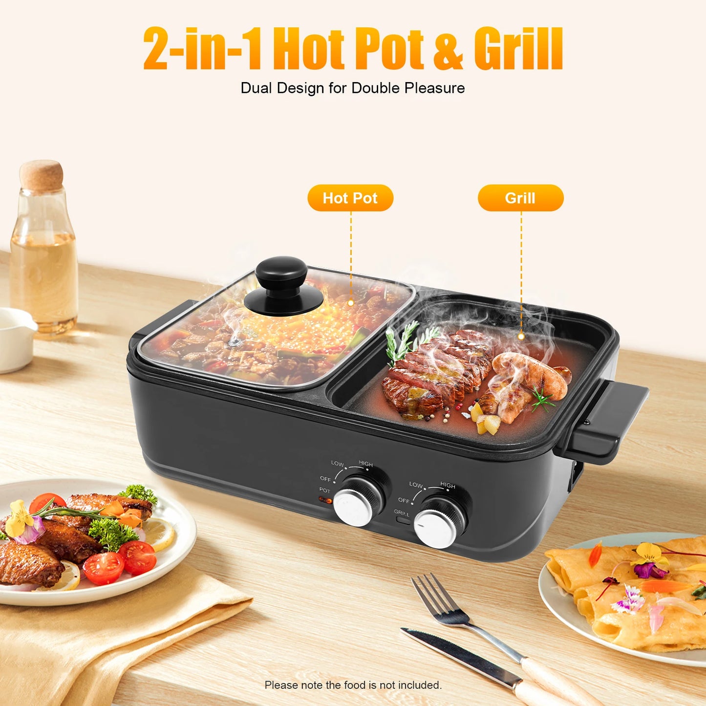 1200-1500W 2-in-1 Electric Hot Pot Grill Nonstick Dual Temperature Control UK Plug Black for Indoor Family BBQ