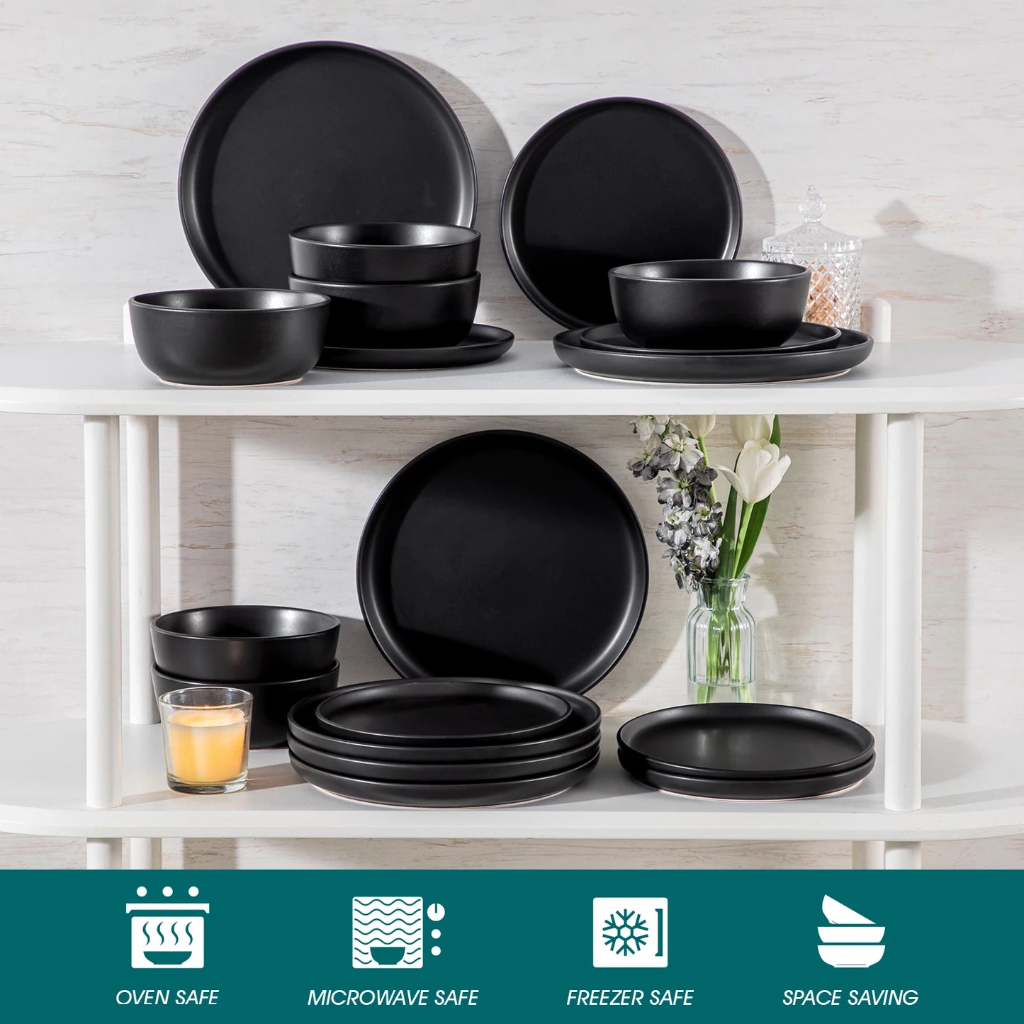 vancasso 18/36 PCS Black Reactive Glaze Dinnerware Set Stoneware Plates Set Microwave Safe with 6PCS Dinner Plate/Dessert/Bowl
