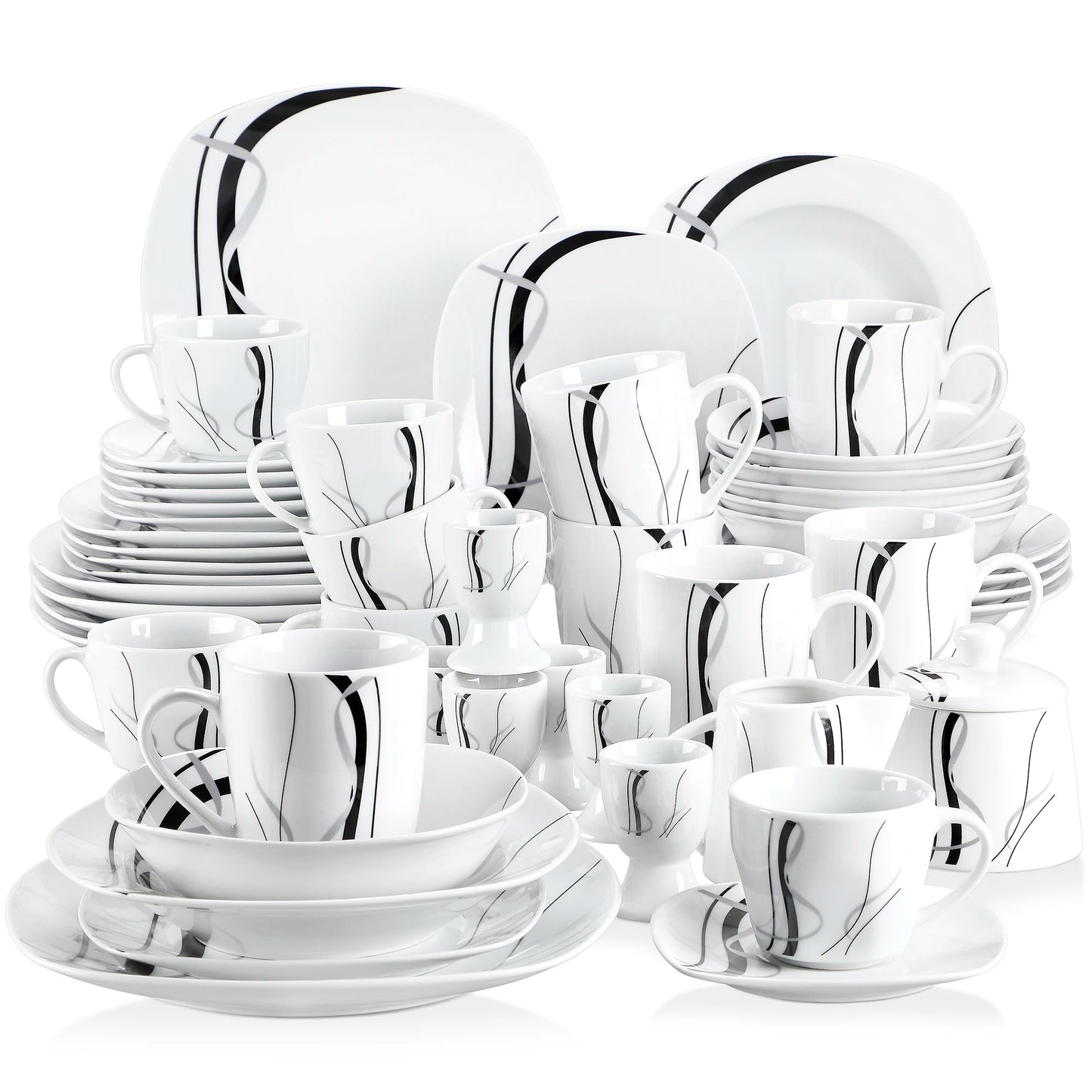 VEWEET 50/100-Piece Porcelain Dinner Set with Egg Cup,Cup&Saucer,Mug,Dessert&Soup&Dinner Plate,Bowl,Milk Jug,Sugar Pot Set