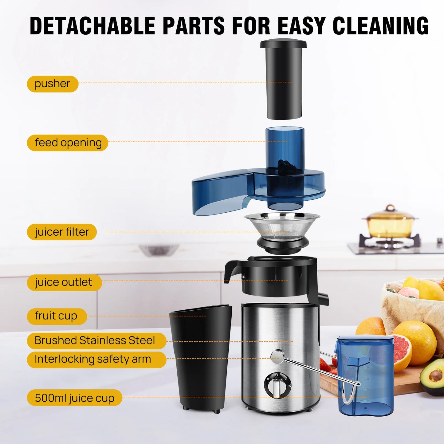 BRIEFNESS Juicer Centrifugal Juicer Machines Whole Fruit Vegetable 500W 65mm Wide Mouth 2 Speed 500ml Efficient Juice Maker