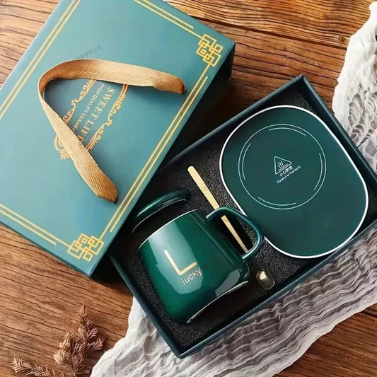 USB Recharge Warm Soup Cups Coffee Mug with Lid and Gift Box Storage Bag Set Ceramics Cup with Stainless Steel Spoon Coffee Cups