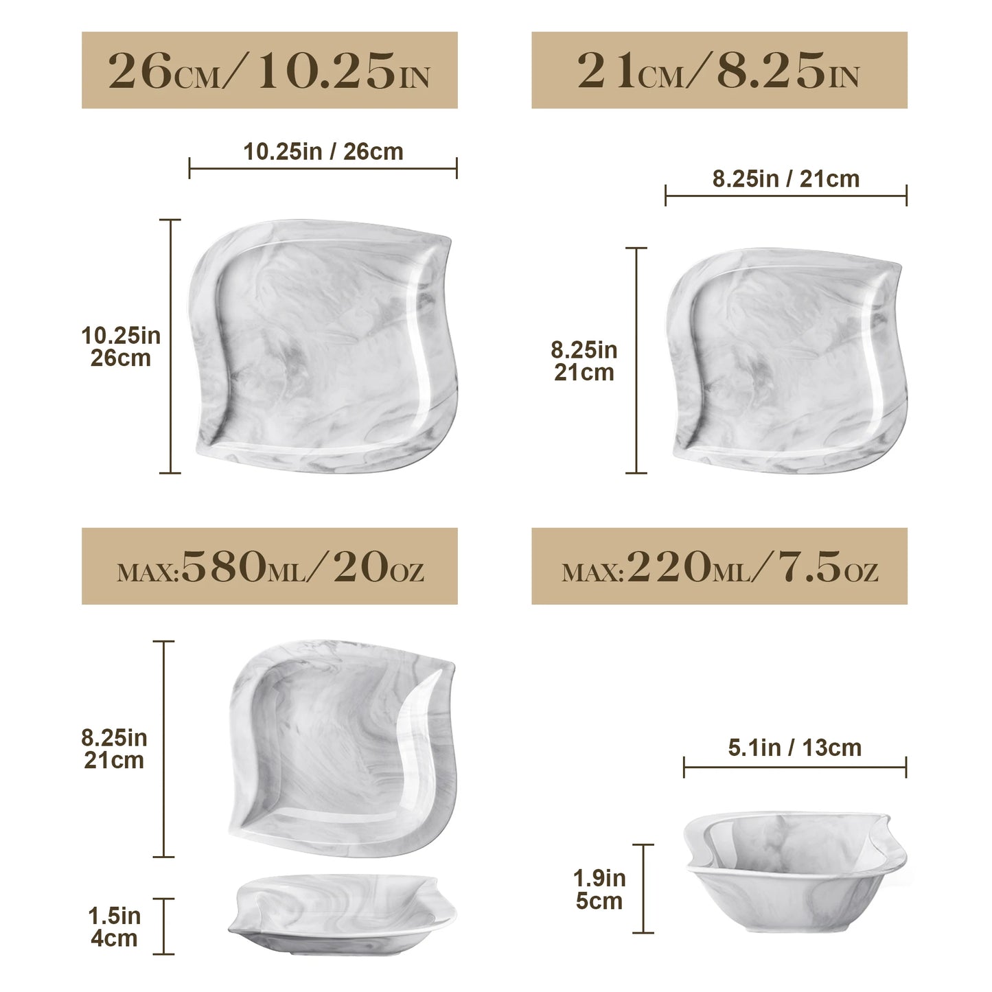 MALACASA 24/48 Piece Marble Grey Porcelain Dinnerware Sets Plates Dinner Sets with 6pcs Dinner Plate/Dessert/Soup Plate/Bowl