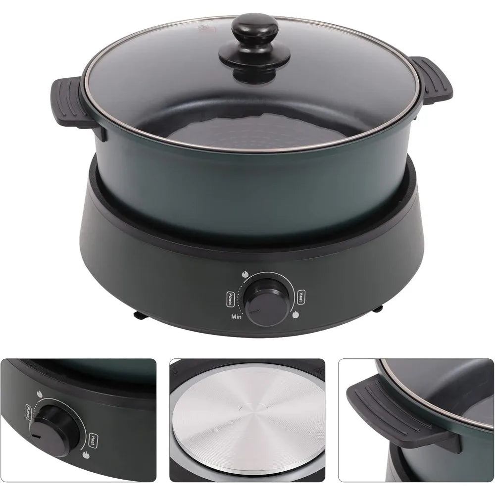 Electric Hot Pot Cooker 1350w Separate Design Multifunctional 4L Portable Electric Skillet with Nonstick Coating (Green)