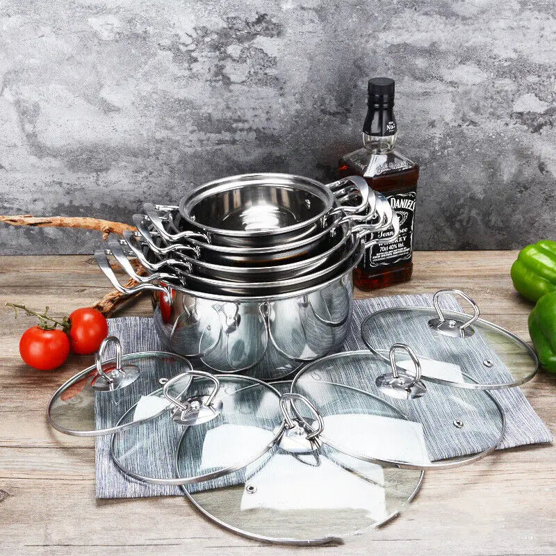 5Pc/Set Stainless Steel Cookware Casserole Stockpot Pans with Glass Lids 5 Sizes