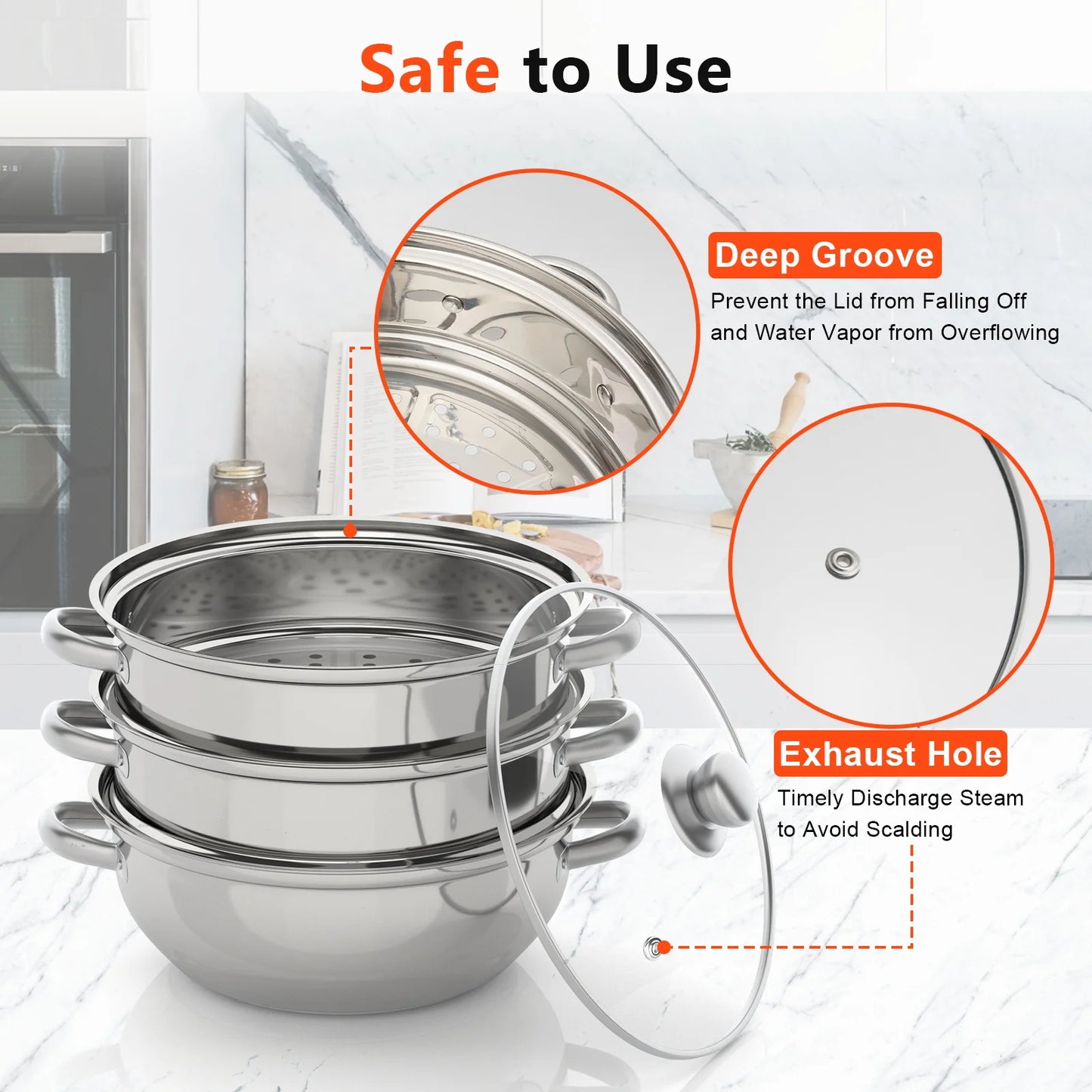 28CM 3-Tier Stainless Steel Steamer Pot Set with Glass Lids for Cooking Vegetables Multi-Purpose Food Preparation Food Cooker