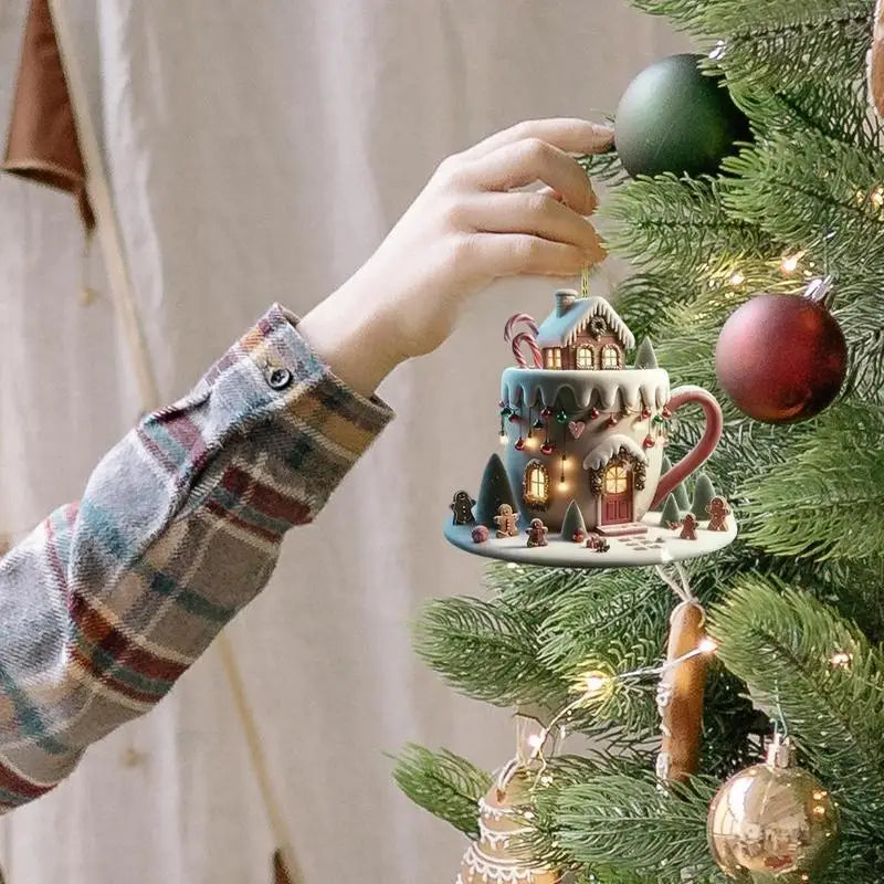 Christmas Coffee Cup Ornaments Christmas Snow Houses Chocolate Mug Pendant 8cm/3.14inch Christmas tree pendant decoration