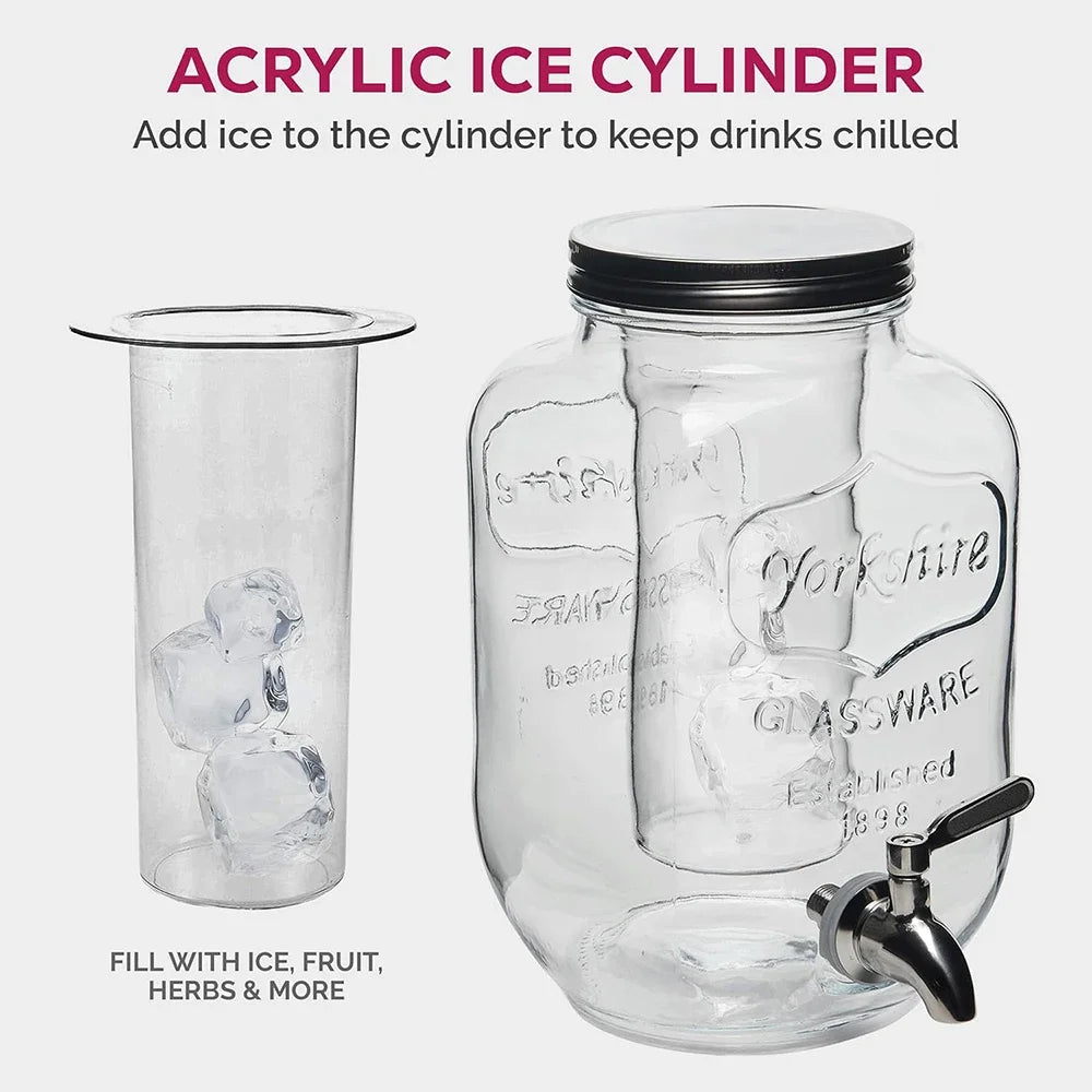 Beverage Dispensers With Ice Cylinder Spigot Campping Outdoor Glass Juice Drink Dispenser For Fridge BBQ Picnic Serveware 3.7L