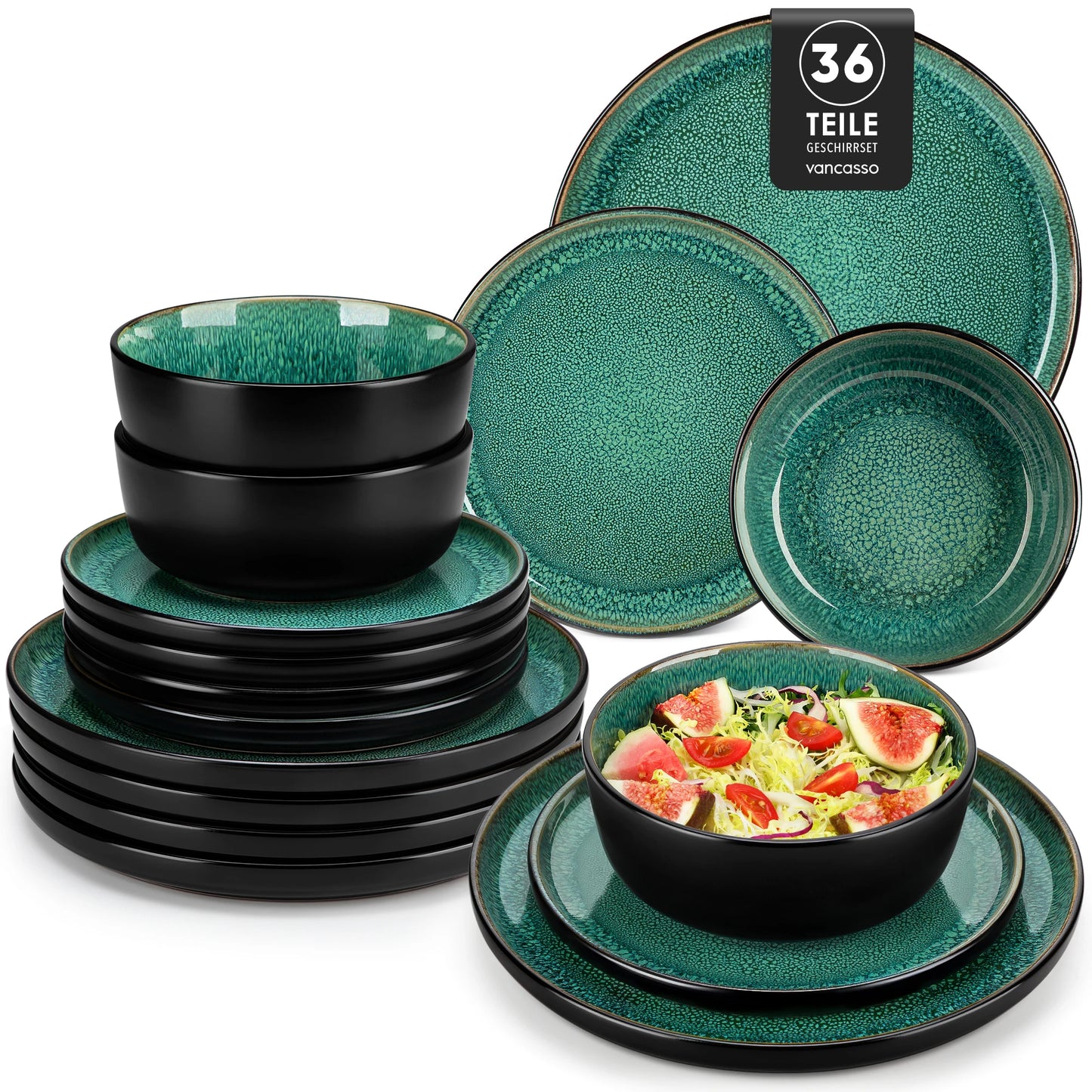 vancasso 18/36 Piece Green Reactive glaze Dinnerware Set Oven Safe Stoneware Set with 6PCS Dinner Plate/Dessert Plate/Bowl