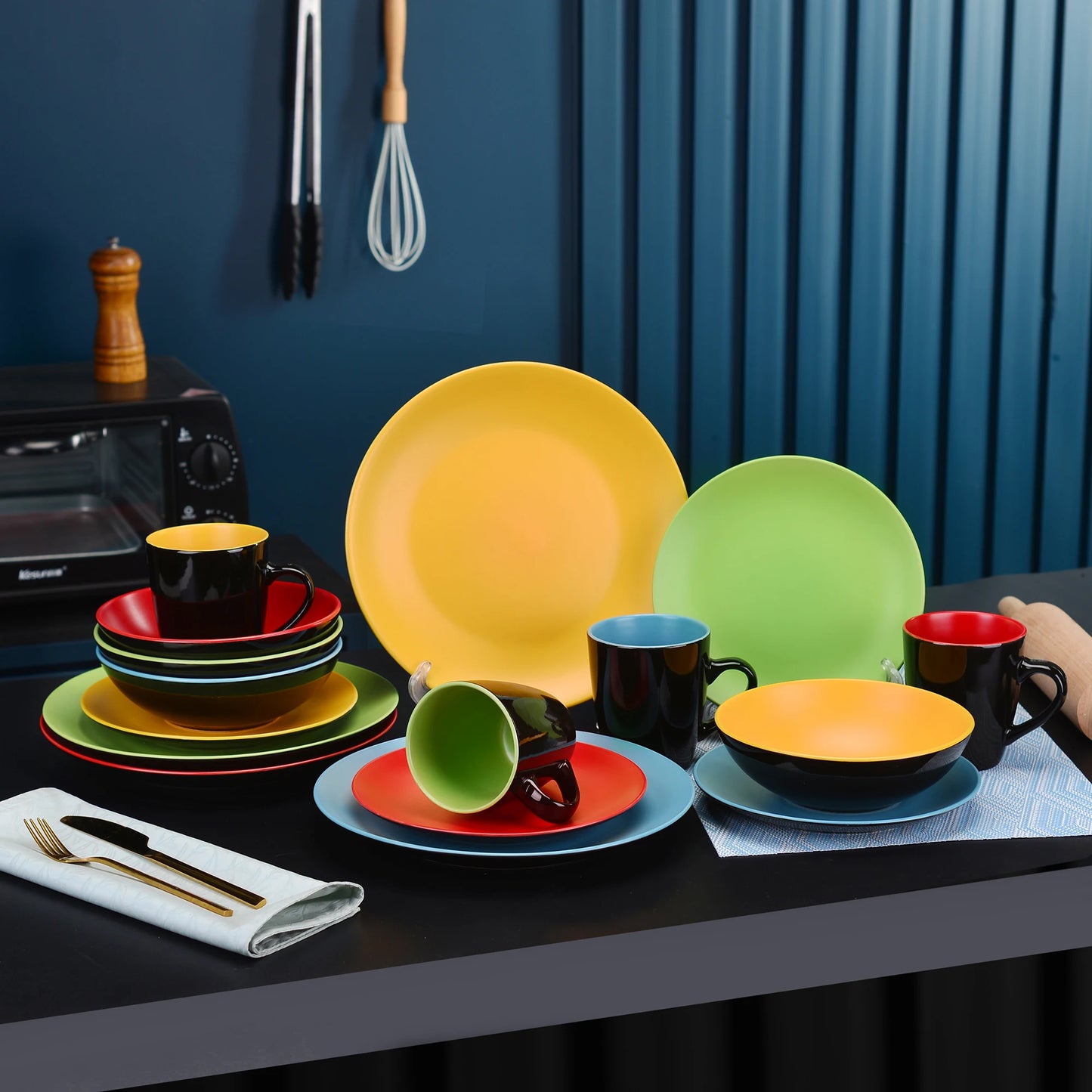 vancasso 16/32/48-Piece Matte Multicolor Stonware Crockery Dinnerware Set  with 4pcs Dinner Plate,Dessert Plate,Bowl,Mug Set