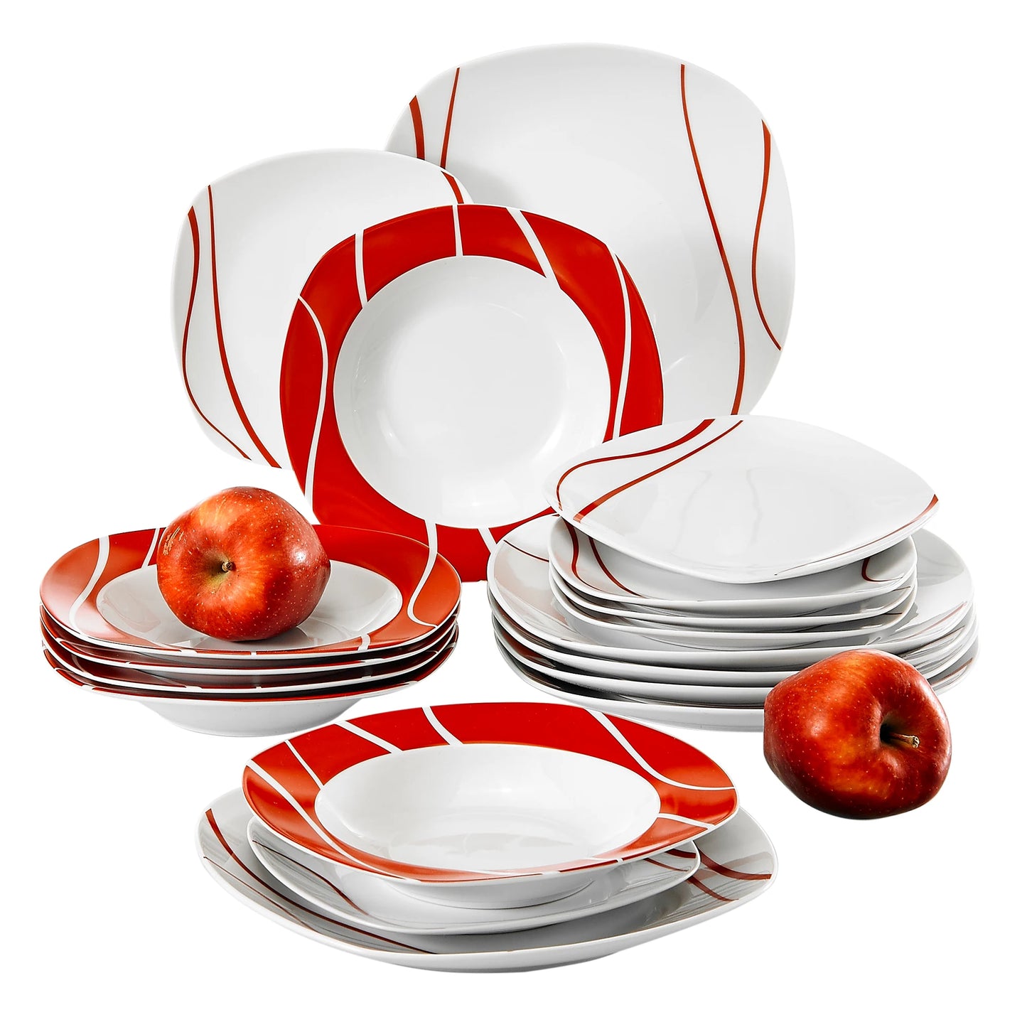 MALACASA 18/36 Piece Red Stripes Porcelain Dinner Set Dinnerware Set with 6PCS Dessert Soup Dinner Plates Service For 6person